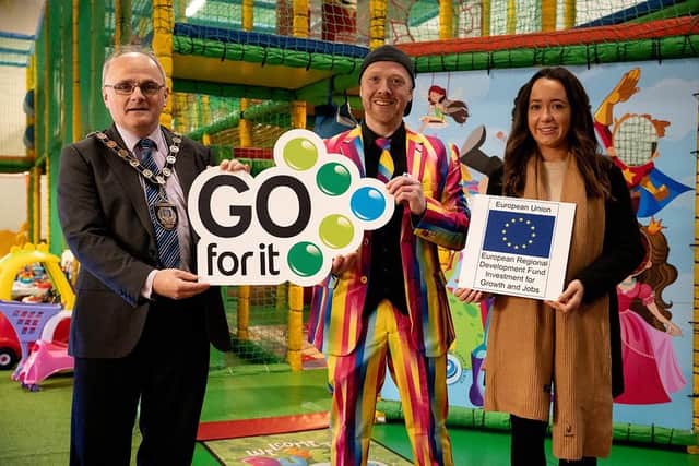 Pictured (left to right) is Cllr Barry McElduff, Chair of Fermanagh and Omagh District Council, Ryan Tracey from Duff Land and Oonagh Gallagher from Omagh Enterprise Centre.