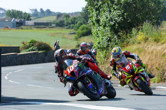 Peter Hickman (8TEN Racing BMW) leads Nathan Harrison (H&H Motorcycles Honda) in the Peel Holdings Senior race at the Southern 100. (Photo by Callum Staley/Pacemaker Press)