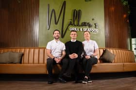 Popular Belfast-based restaurant group, Millar’s, has announced an expansion into the city centre with the launch of its new concept, Millar’s Grill & Seafood. The restaurant, which is the group’s second, opens this Thursday 30th November at Lanyon Quay, and is set to offer a modern twist on classic fayre. Pictured are founder Chris Millar with co-founder Matthew Roman-Wilkinson and head chef, Sarah Humphreys