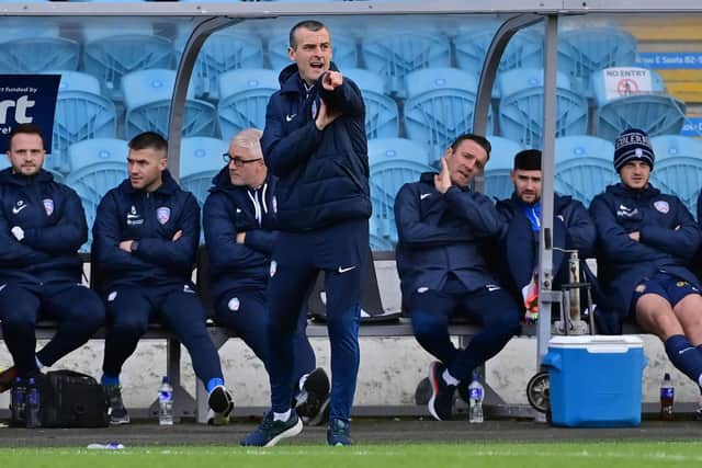 Coleraine boss Oran Kearney pictured during today's derby at the Ballymena Showgrounds