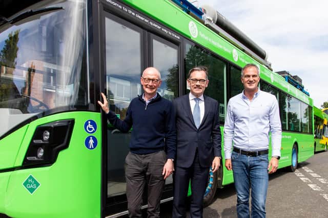 Hydrogen has a ‘huge potential’ to clean up public transport, Shadow Chief Secretary to the Treasury Pat McFadden said, on a visit to zero-emission pioneers Wrightbus. Pictured are Pat McFadden, Jean-Marc Gales, Peter Kyle