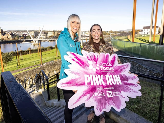 Runners, walkers, and pooches were splashed in pink powder from head to toe for a great cause as Cancer Focus NI’s first Pink Run took place in Londonderry. Picture Steven McAuley/McAuley Multimedia