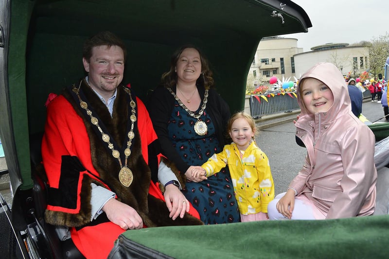 Mayor Councillor Scott Carson, Mayoress Ruth Carson and young Isabella and Penelope all ready to lead the Mayor's Majestic Carnival Parade.