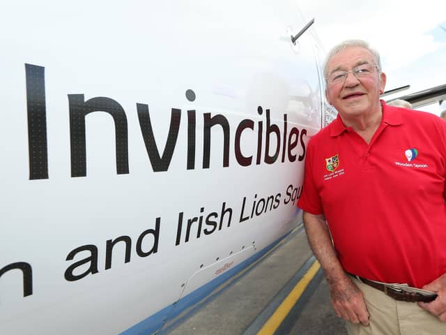 Flybe paid a unique tribute to the 1974 British and Irish Lions Squad 'The Invincibles' in 2014 with a specially named Q400 aircraft. Pictured with the plane is the Invincibles Coach, Syd Millar. Picture by Kelvin Boyes / Press Eye.