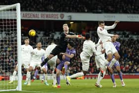 Arsenal's Jakub Kiwior scores an own goal during the Emirates FA Cup third-round victory by Liverpool at the Emirates Stadium. (Photo by Andrew Matthews/PA Wire)