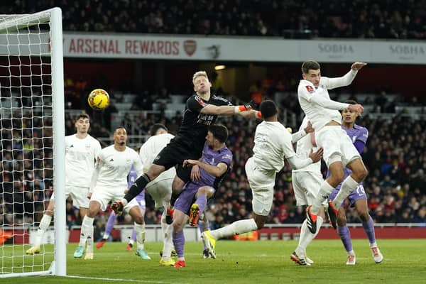 Arsenal's Jakub Kiwior scores an own goal during the Emirates FA Cup third-round victory by Liverpool at the Emirates Stadium. (Photo by Andrew Matthews/PA Wire)