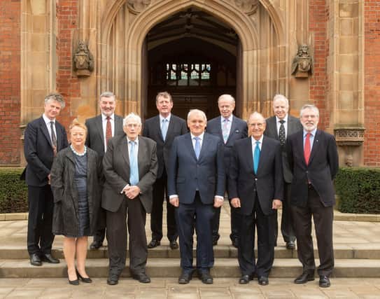 Key figures from the Belfast Agreement period at Queen's University Belfast in April 2018 to mark the agreement's 20th anniversary. From a unionist perspective, two problems with the deal have since 1998 become clear, which many unionists didn’t foresee.
Front row, from left: Monica McWilliams, Seamus Mallon, former Taoiseach Mr Bertie Ahern, Senator George J. Mitchell and Gerry Adams. Back row from left: Jonathan Powell, Lord John Alderdice, Lord David Trimble, Sir Reg Empey and Paul Murphy