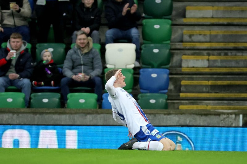 Linfield's Rhys Annett celebrates his goal which put Linfield 3-0 up