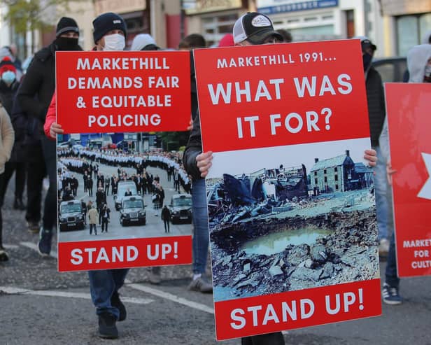 A loyalist band and protestors make their way through Markethill during a protest event against the Irish Sea Customs Border, and 'two-tier policing' on 5 May 2021.Picture: Philip Magowan / PressEye