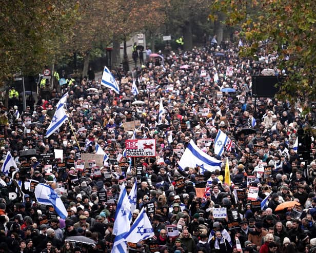 Tens of thousands took part in a march against antisemitism in London in the wake of the Hamas attack on Israel on 7 October. The parade was organised by the volunteer-led charity Campaign Against Antisemitism in central London on Sunday 26 November.
Photo: Jordan Pettitt/PA Wire