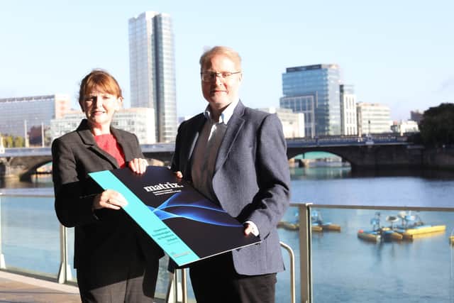 Economy Minister Dr Caoimhe Archibald is pictured at the launch of Quantum Technologies in Northern Ireland at AICON 2026, ICC Belfast, with Tom Gray (Matrix NI)