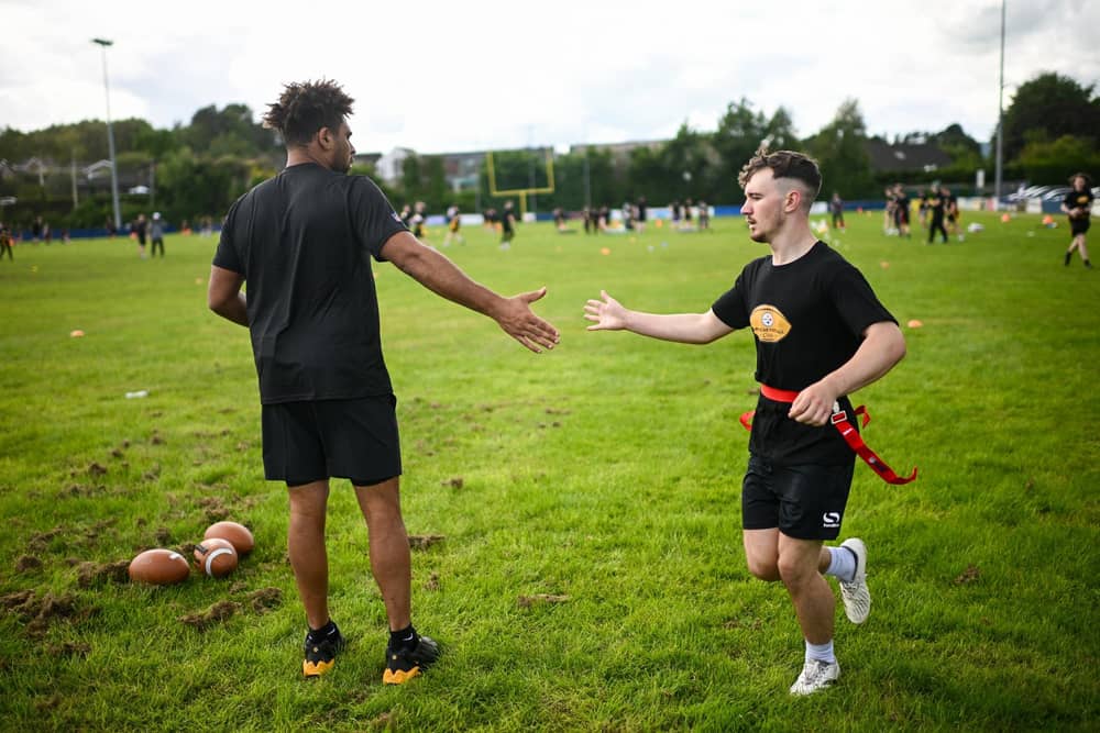Steelers tight end Connor Heyward and participants at the Pittsburgh Steelers Youth Camp which was held last weekend at Deramore Park in Belfast