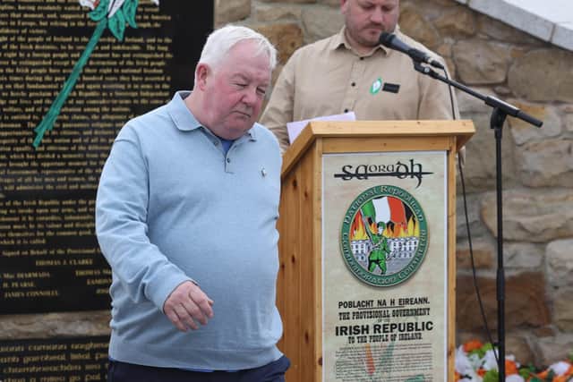 Brian Kenna after laying a wreath at Milltown Cemetery after an Easter commemoration parade in Belfast. Easter parades are held annually across The Island of Ireland by Republicans to commemorate the 1916 Easter Rising in Dublin against British rule. Picture date: Saturday April 8, 2023.
