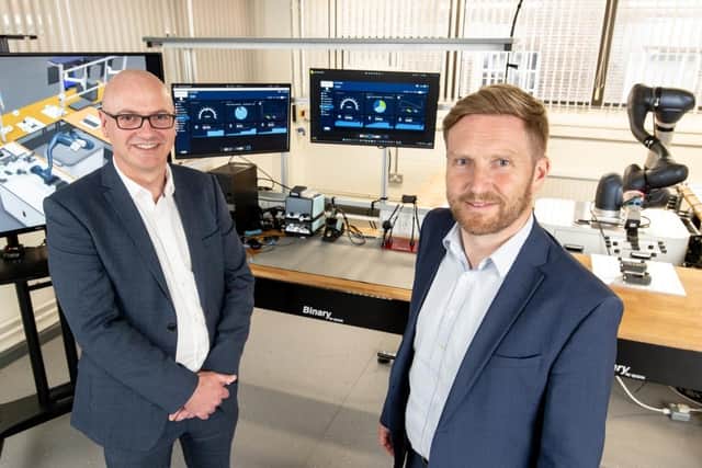 A £1m investment from Innovate UK will enable Northern Ireland’s Advanced Manufacturing Innovation Centre (AMIC) to start supporting local businesses in the next few months. AMIC’s flagship building, which was granted planning permission in May, will be a 10,500m2 state-of-the-art ‘Factory of the Future’, set to open in 2026 at Global Point Newtownabbey. Pictured are Paul Malcolmson, regional manager Northern Ireland, Innovate UK and professor Sam Turner, Interim CEO, Advanced Manufacturing Innovation Centre