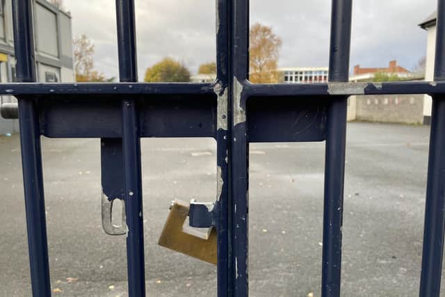 The gates of a school in Inchicore, Dublin closed as Storm Debi swept across Ireland. Picture date: Monday November 13, 2023.