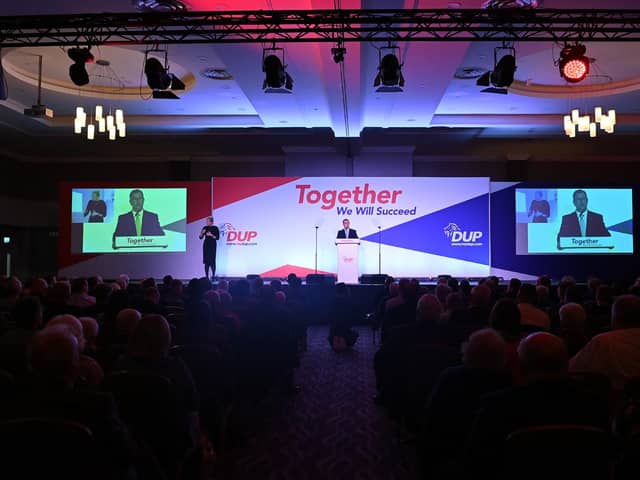 Sir Jeffrey Donaldson at the DUP party conference in October, where he said it was best to be in Stormont. Will he be openly challenged at every stage of a return to Stormont by critics who remain within the party, as David Trimble was assailed after the 1998 Belfast Agreement?