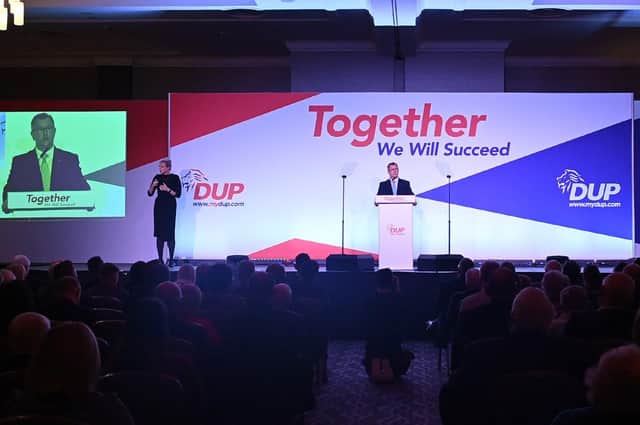 "I still believe in devolution," write Sir Jeffrey Donaldson MP,  pictured during his speech at the DUP annual conference in Belfast on October 14. "​We have a record of saying yes, and leading from the front, when it’s right to do so" Photo: Presseye/Stephen Hamilton