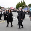 Sinn Fein leader Mary Lou McDonald, former leader Gerry Adams and then Deputy First Minister Michelle O'Neill at the funeral of the IRA terrorist Bobby Storey in west Belfast. At the start of the pandemic, SF had virtue-signalled the hardest, yet it became involved in that flagrant breach of Covid regulations. Photo Pacemaker Press