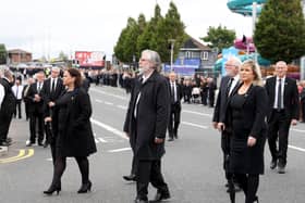 Sinn Fein Leader Mary Lou McDonald, former leader Gerry Adams and Deputy First Minister Michelle O'Neill at the funeral of the IRA terrorist Bobby Storey in west Belfast. The lockdown breaching funeral, which happened without any sanction, showed that Sinn Fein is allowed to have special influence. Photo Pacemaker Press