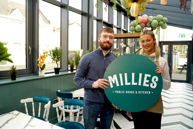 Top Dunmurry gastropub, Millies Public House & Kitchen, has unveiled a stylish new ‘Green House’ extension as part of a major renovation programme that has created 25 new jobs since opening. The ambitious renovation programme has included transforming the main bar area, the expansion of the gastro kitchen and the introduction of a new lounge area, exclusive VIP balcony and private hire space.  

Pictured launching Millies’ stylish new ‘Green House’ is Eoin Trainor-O’Neill, Manager, and Ciara Hamill, Bar Staff Member. 
                 