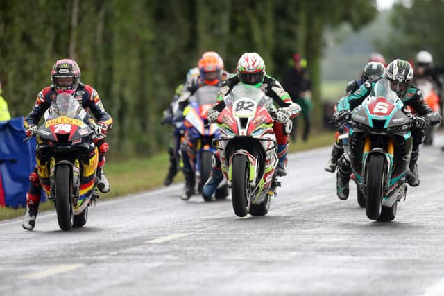 Michael Dunlop (6, Hawk Racing Honda), Derek Sheils (82, Roadhouse Macau BMW) and Davey Todd (74, Milenco by Padgett's Honda) at the start of the 'Race of Legends' at Armoy on Saturday