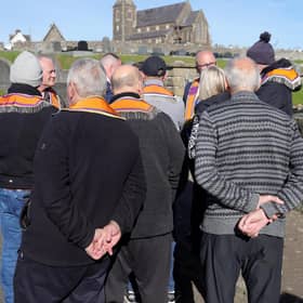 Orangemen at Drumcree Church in Portadown. A planned parade was blocked by the NI Secretary on October 9