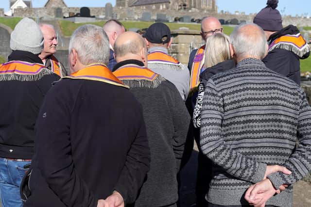 Orangemen at Drumcree Church in Portadown. A planned parade was blocked by the NI Secretary on October 9