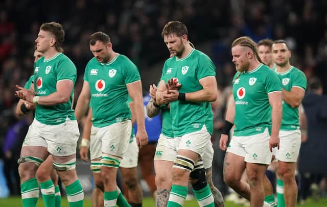 Ireland's Iain Henderson (centre) and team-mates appear dejected after a late defeat to England in the Guinness Six Nations match at Twickenham. (Photo by Mike Egerton/PA Wire)