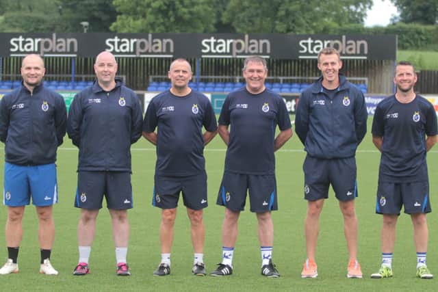 Ryan Harpur (far left) has been named as first-team coach at Dungannon Swifts after Rodney McAree's return to Stangmore Park. Photo: Dungannon Swifts
