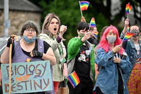 Trans activists demonstrating in Edinburgh, Scotland, in 2021; the new QUB speech code imposes an obligation on everyone on campus to accept someone's declared gender identity