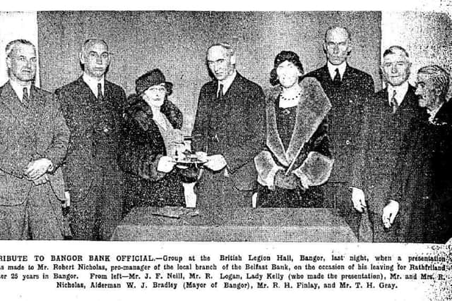 A photograph from the News Letter from December 1933 which was taken during the presentation to Mr Robert Nicholas at Bangor. Picture: Darryl Armitage/News Letter archives