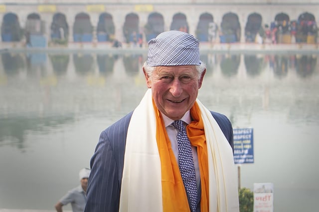 Prince Charles visits the Bangla Sahib Gurdwara Sikh Temple, New Delhi, India, to celebrate the 550th anniversary of the birth of Guru Nanak, the founder of Sikhism. PA Photo. Picture date: Wednesday November 13, 2019. See PA story ROYAL Charles. Photo credit should read: Victoria Jones/PA Wire:PA:King Charles lll