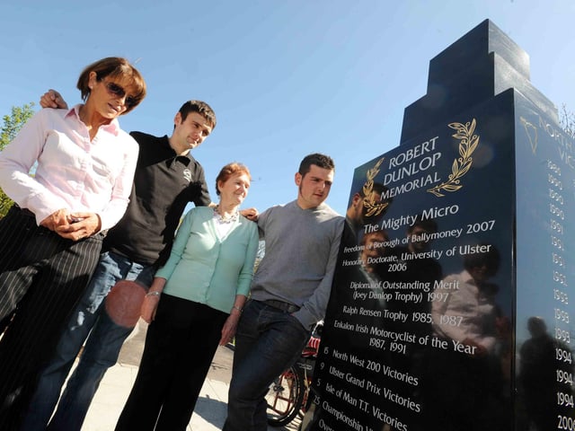 PACEMAKER, BELFAST, 8/5/ 2010: Louise Dunlop, the widow of Robert, and her sons William and Michael join Robert's mother, May, beside Robert's memorial which was unveiled in the Robert Dunlop Memorial Garden in Ballymoney during May 2010..
PICTURE BY STEPHEN DAVISON:-