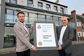 Italian restaurant Castello Italia, Carrickfergus has bagged a top digital review award from US-based online travel giant Tripadvisor. Pictured is John McGhee, assistant manager and Artur Cufaj, owner