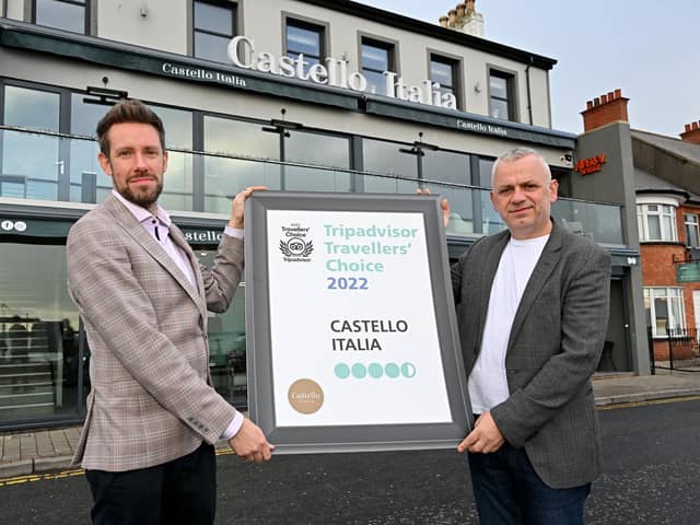 Italian restaurant Castello Italia, Carrickfergus has bagged a top digital review award from US-based online travel giant Tripadvisor. Pictured is John McGhee, assistant manager and Artur Cufaj, owner