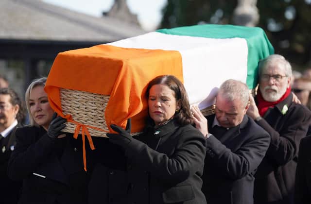 Sinn Fein vice president Michelle O'Neill (left), Sinn Fein Party leader Mary Lou McDonald (right) and former Sinn Fein leader Gerry Adams (back right) carry the coffin of the IRA fugitive Rita O'Hare at Glasnevin Cemetery, Dublin. Ruth Dudley Edwards writes: "O'Neill and McDonald will trudge on giving their pathetic eulogies to terrorists, but they’re looking over their shoulders" PA Picture: Tuesday March 7, 2023