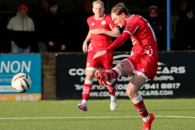Brian Healy adds his second goal of Cliftonville's away win over Dungannon Swifts. (Photo by David Maginnis/Pacemaker Press)