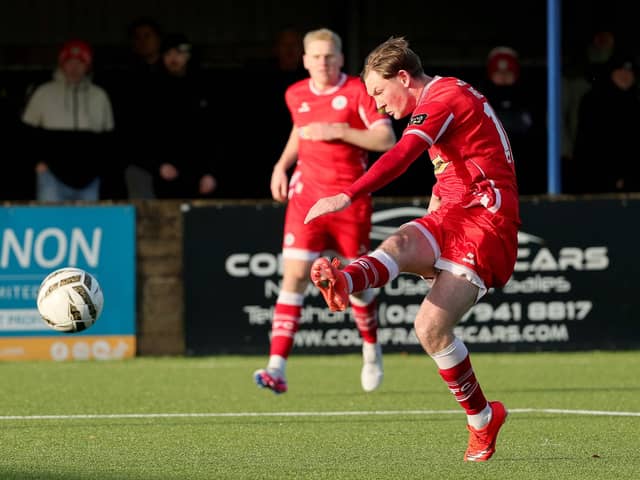 Brian Healy adds his second goal of Cliftonville's away win over Dungannon Swifts. (Photo by David Maginnis/Pacemaker Press)