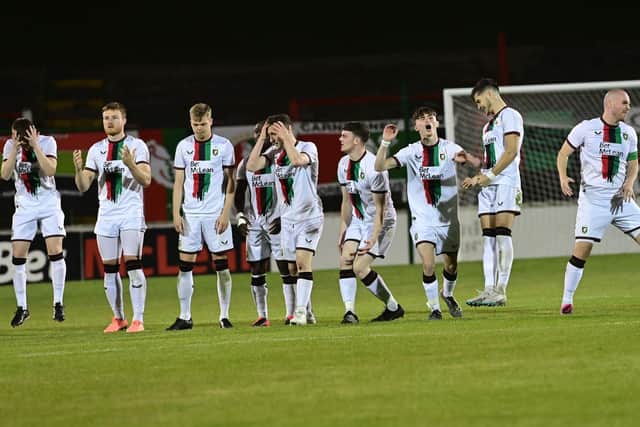 Glentoran players react during a gripping penalty shoot-out in the Europa Conference League loss to Gzira. (Photo by Colm Lenaghan/Pacemaker)