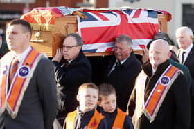 Funeral for DUP Councillor David Hilditch at Carrickfergus, Co. Antrim.  Mr Hildtich was a former MLA, twice-serving Mayor of Carrickfergus Borough Council and Director of Carrick Rangers Football Club. The DUP’s Nigel Dodds and Sammy Wilson carry the coffin. PIC: Jonathan Porter/PressEye