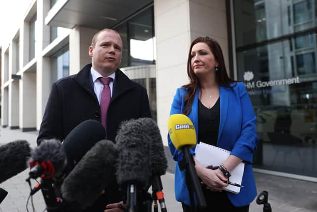Gordon Lyons (left) and Emma Little-Pengelly from the DUP speak to the media outside the Northern Ireland Office at Erskine House, Belfast, after Northern Ireland Secretary Chris Heaton-Harris held a round table session with Stormont leaders. Picture date: Thursday February 9, 2023.