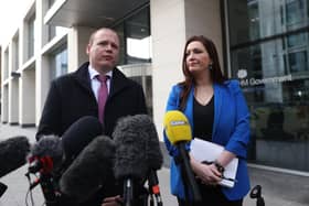 Gordon Lyons (left) and Emma Little-Pengelly from the DUP speak to the media outside the Northern Ireland Office at Erskine House, Belfast, after Northern Ireland Secretary Chris Heaton-Harris held a round table session with Stormont leaders. Picture date: Thursday February 9, 2023.