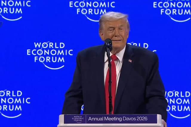 Screen grab taken from the World Economic Forum live feed of US President Donald Trump speaking at the annual meeting in Davos, Switzerland