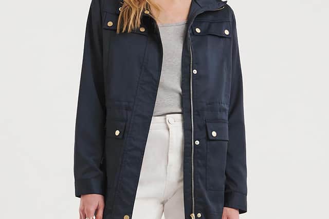 JD Williams Navy Satin Utility Jacket, £52, available from JD Williams (other items, stylist's own).