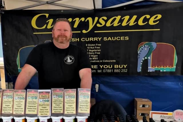 Dave Kernaghan of Rock a Doodle spicy sauces in Helen’s Bay Bay with the Indian and Asian sauces developed by Curry Sauces NI in Belfast, which are now being distributed by Dave and his team