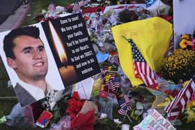 A memorial for Turning Point USA CEO and co-founder Charlie Kirk is seen at Utah Valley University, Saturday, Sept. 13, 2025, in Orem, Utah. (AP Photo/Lindsey Wasson)