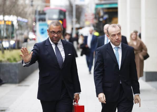 Foreign Secretary James Cleverly (left) with Northern Ireland Secretary Chris Heaton-Harris before a meeting with the DUP, Ulster Unionist and Alliance at government buildings in Belfast city centre on Wednesday. The Taoiseach and former Taoiseach Leo Varadkar and Micheal Martin were also in Northern Ireland. Pic: Peter Morrison/PA