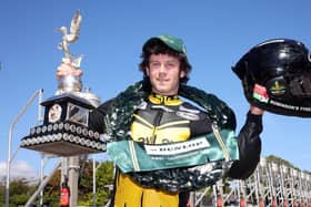 Mike Browne celebrates winning the Lightweight Manx Grand Prix race on the LayLaw Yamaha in August.