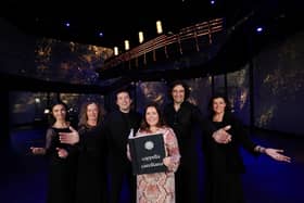 Eimear Kearney, associate commercial director at Titanic Belfast is pictured with Cappella Caeciliana’s musical director Michael Quinn, chairman David McCartney and members of the choir as they launch Some Distant Shore
