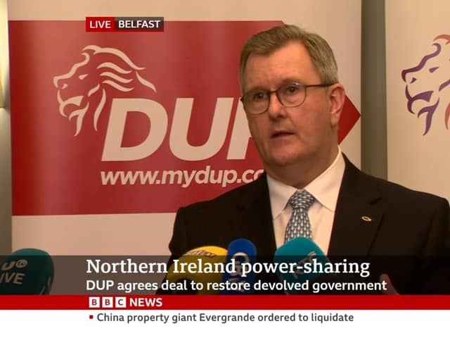 The DUP leader Sir Jeffrey Donaldson giving a press conference at Larchfield estate near Lisburn announcing the party's return to Stormont at 1am on Tuesday January 30 2024. Screengrab from BBC News